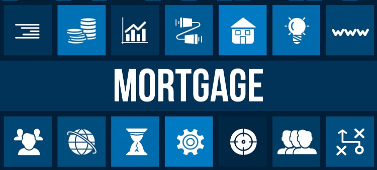 Mortgage concept image with business icons and copyspace.
